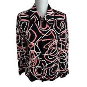 Ming Wang Womens Heritage Fit Cardigan Blazer Size 1X Pink Black Abstract